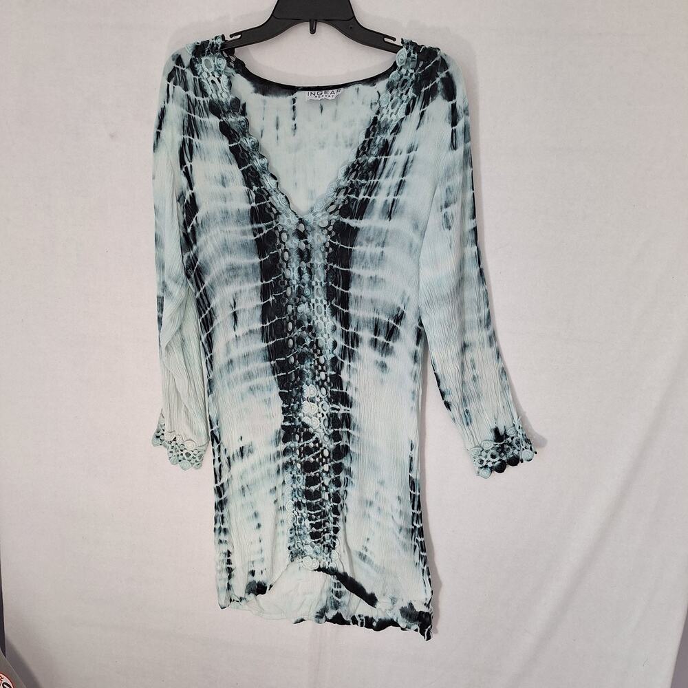 Ingear Resort Cover Up Tunic Dress L TieDye Crochet Trim Beachy Cruise Wear Boho
